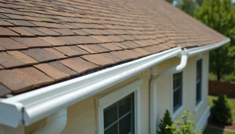 newly installed white aluminum seamless gutters residential house addition brown architectural shingles complement clean 385605873